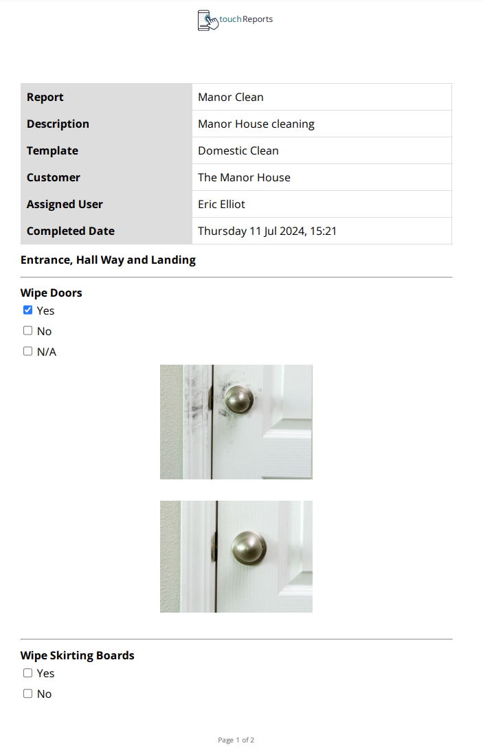 Touch Reports example cleaning report